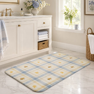 Dusty Blue Honeybee Plaid Charming Bee Bath Mat
