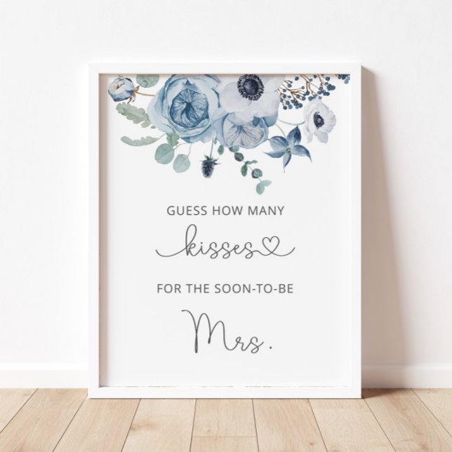 Dusty blue how many kisses bridal shower poster (Creator Uploaded)