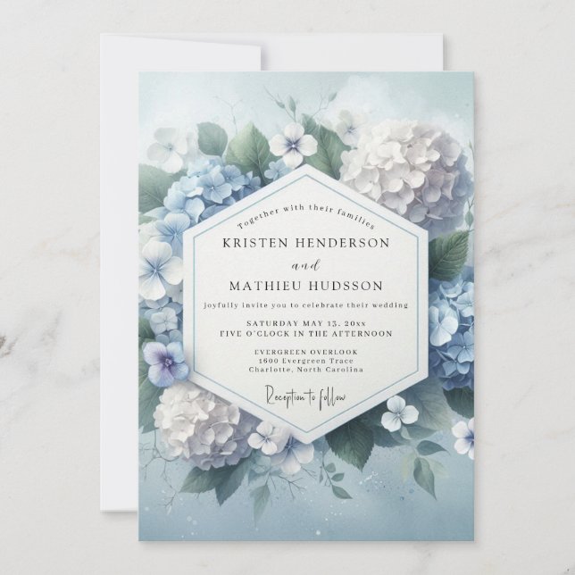 Dusty Blue Hydrangea Bloom Wedding Invitation (Front)