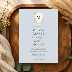 Dusty Blue Hydrangea Bow Crest Monogram Wedding Invitation