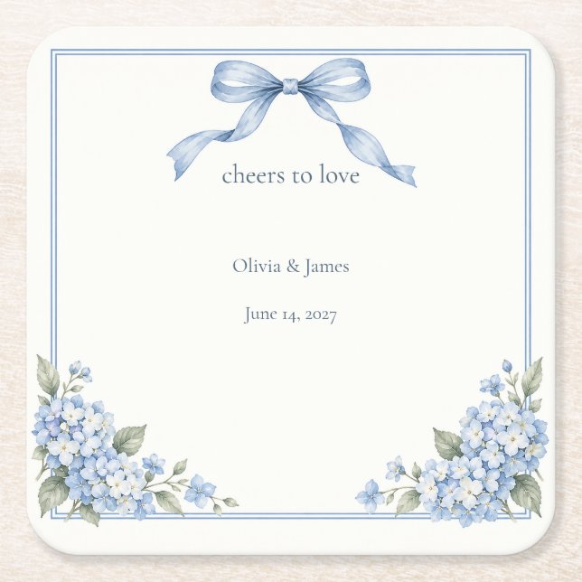 Dusty Blue Hydrangea Bow Wedding Cocktail Square Paper Coaster (Front)