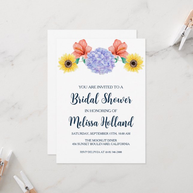 dusty blue hydrangea bridal shower invitations (Front/Back In Situ)