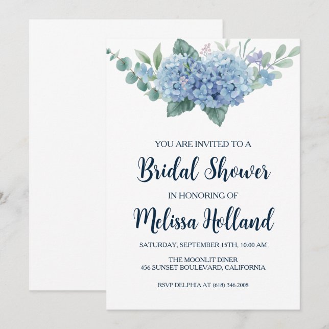 dusty blue hydrangea bridal shower invitations (Front/Back)
