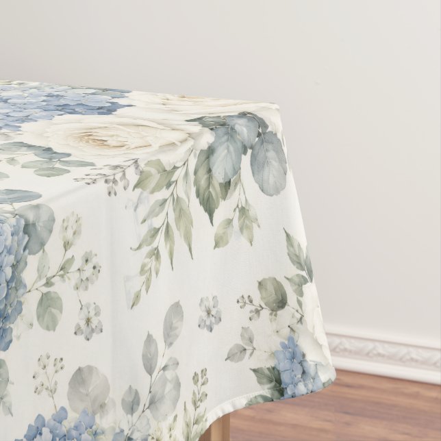 Dusty Blue Hydrangea Cream White Rose Floral Tablecloth (In Situ)