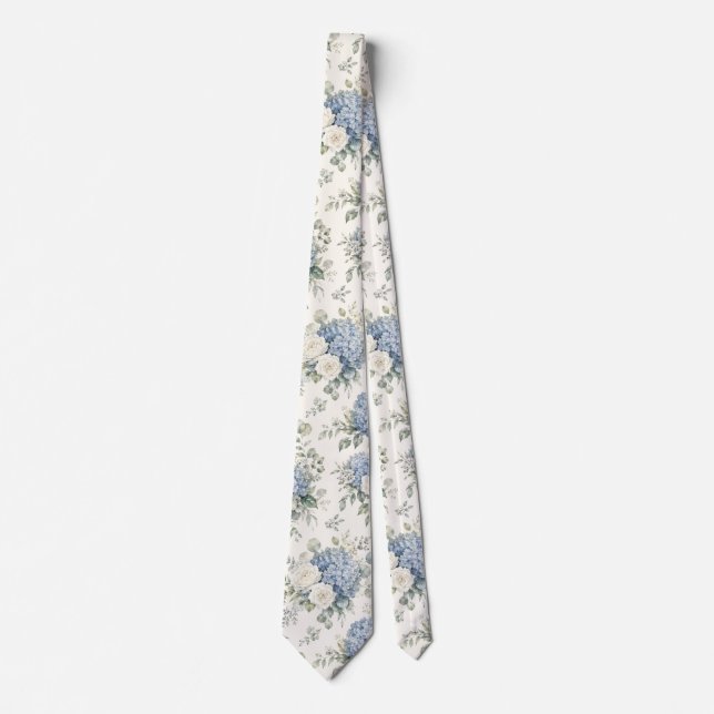 Dusty Blue Hydrangea Cream White Rose Floral Tie (Front)