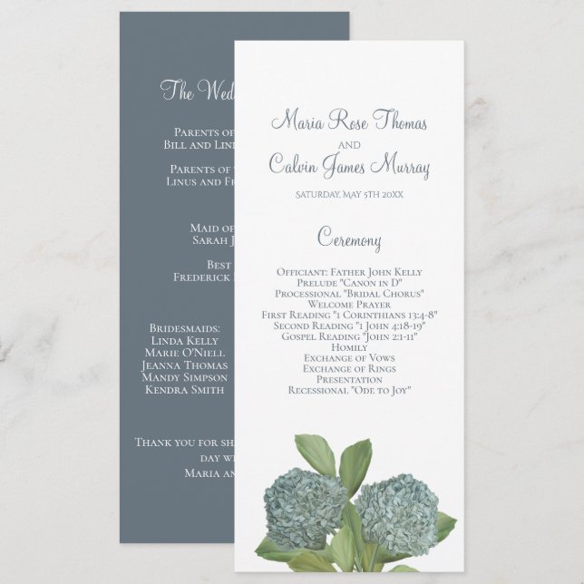 Dusty Blue Hydrangea Elegant Floral Ceremony Programme (Front/Back)