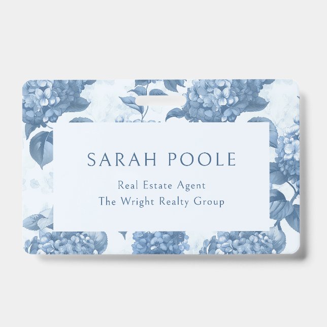 Dusty Blue Hydrangea Elegant Real Estate Agent ID Badge (Front)