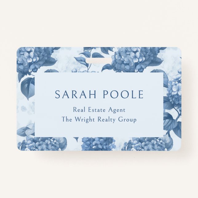 Dusty Blue Hydrangea Elegant Real Estate Agent ID Badge (Front)