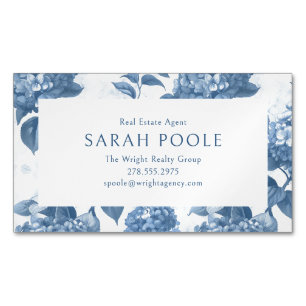 Dusty Blue Hydrangea Elegant Real Estate Agent Magnetic Business Card