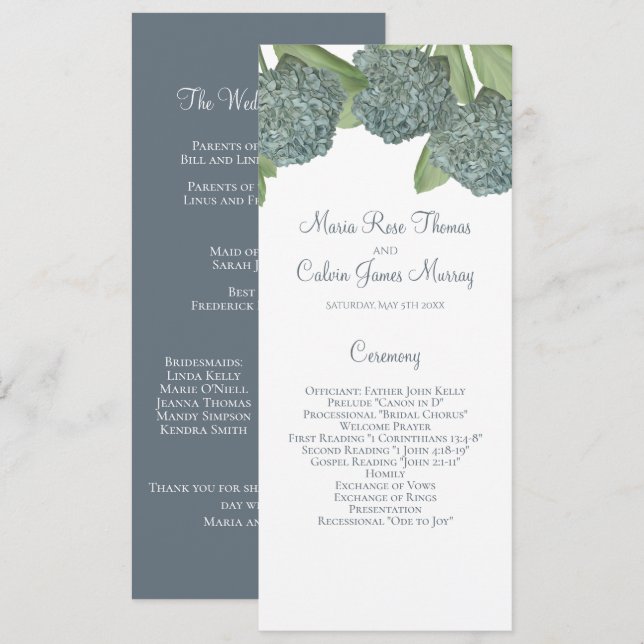 Dusty Blue Hydrangea Floral Elegant Ceremony Programme (Front/Back)