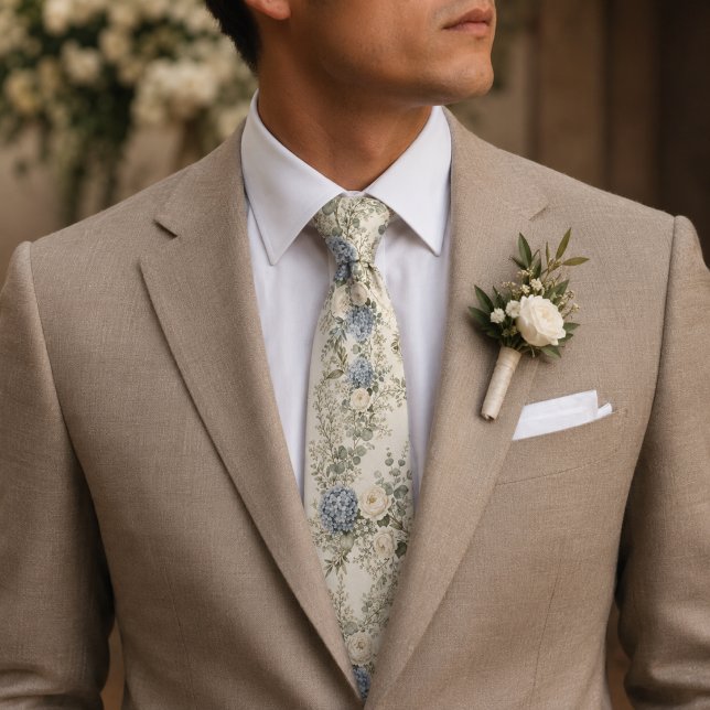 Dusty Blue Hydrangea Floral Ivory Botanical Garden Tie (Creator Uploaded)