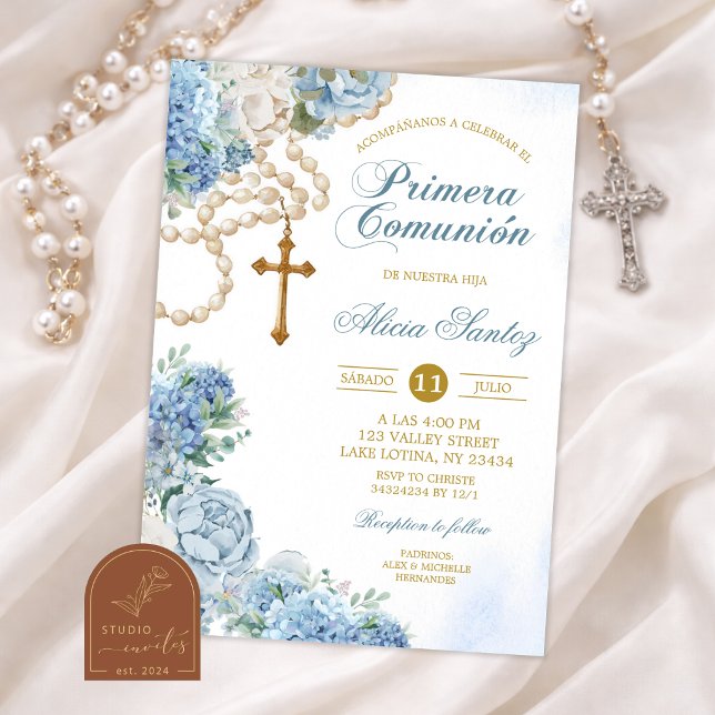 Dusty Blue Hydrangea Floral Rosary Primera Comunio Invitation (Creator Uploaded)