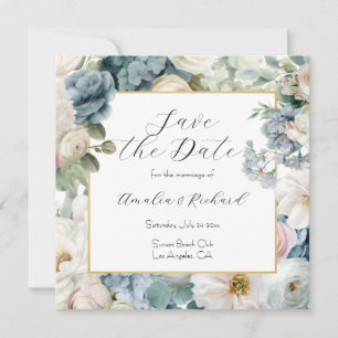 Dusty Blue Hydrangea Floral Save the Date Card
