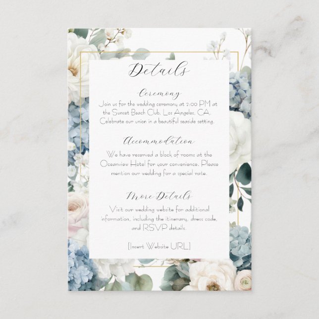 Dusty Blue Hydrangea Floral Wedding Enclosure Card (Front)