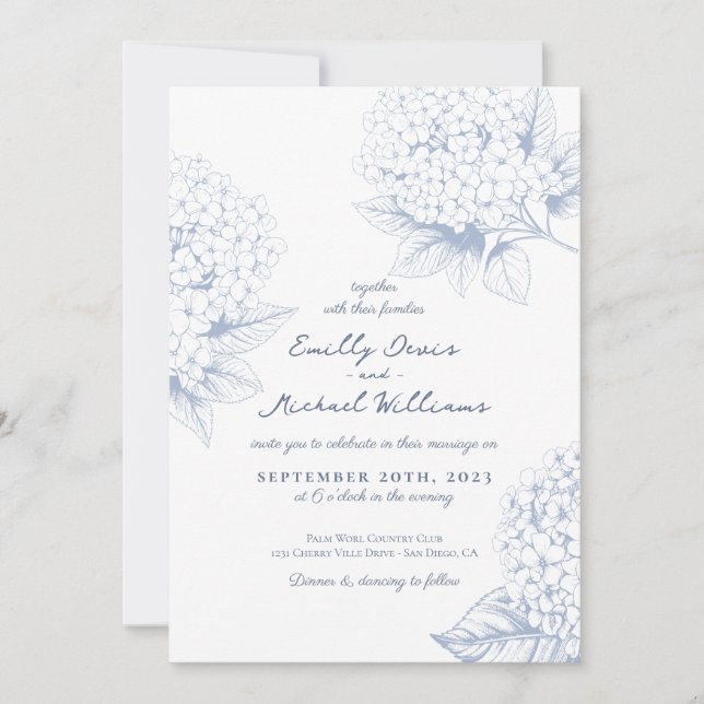 Dusty Blue Hydrangea Floral Wedding Invitation (Front)