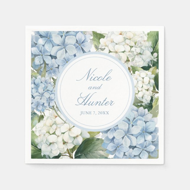 Dusty Blue Hydrangea Floral Wedding Napkin (Front)