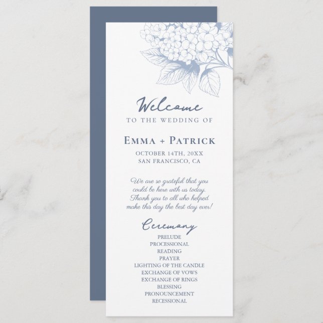 Dusty Blue Hydrangea Floral Wedding Programme (Front/Back)
