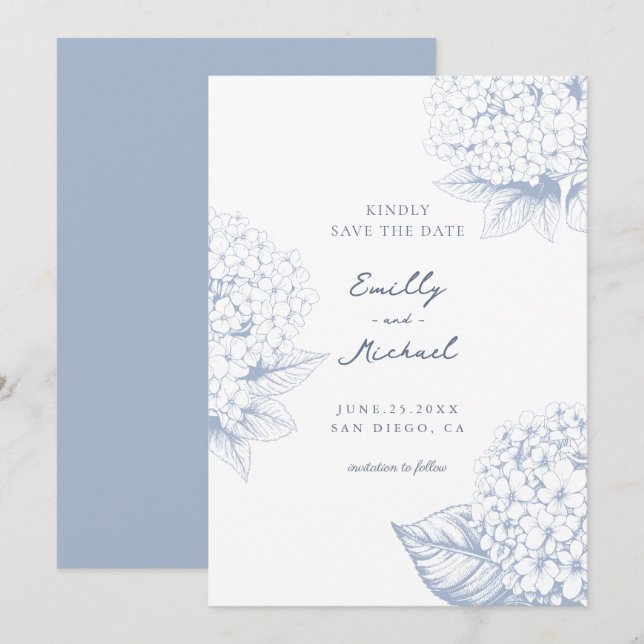 Dusty Blue Hydrangea Floral Wedding Save The Date (Front/Back)