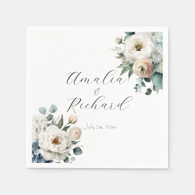 Dusty Blue Hydrangea Flowers Wedding Napkins (Front)