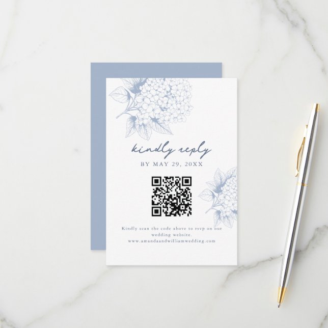 Dusty Blue Hydrangea QR Code RSVP Card (Front/Back In Situ)