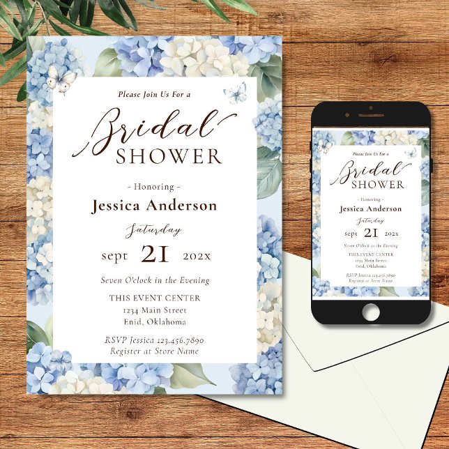 Dusty Blue Hydrangea Watercolor Bridal Shower Invitation (Creator Uploaded)