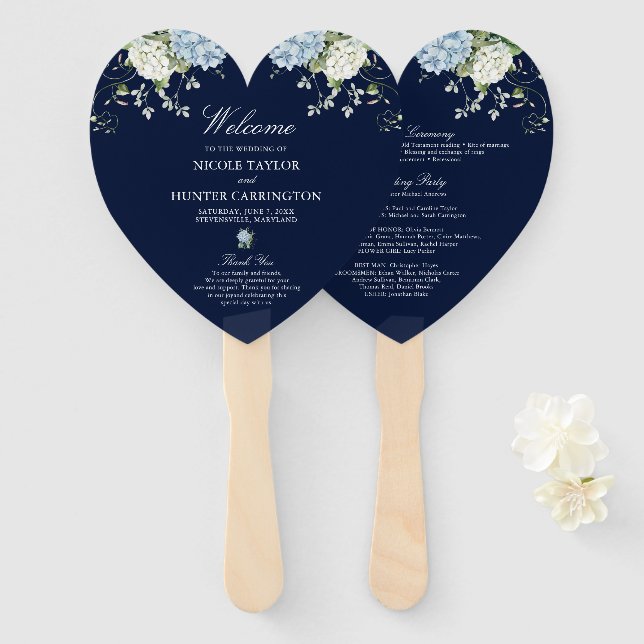Dusty Blue Hydrangea Wedding Ceremony Program Hand Fan (Front and Back)