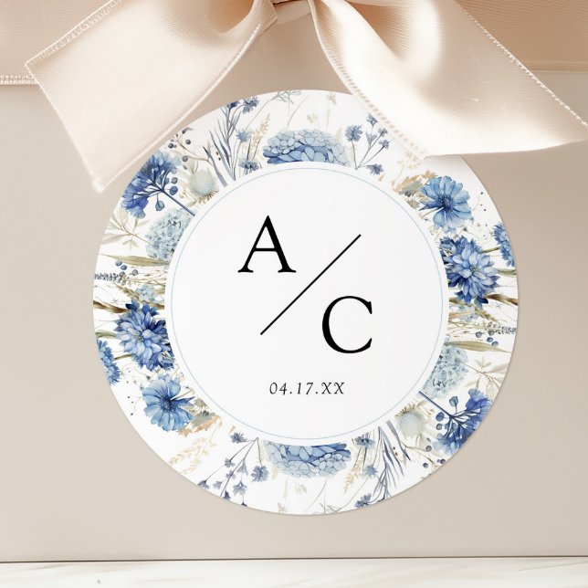 Dusty Blue Hydrangea Wedding Monogram Floral Classic Round Sticker (Creator Uploaded)