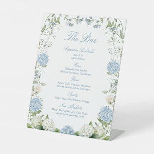 Dusty Blue Hydrangea Wedding Reception Bar Pedestal Sign
