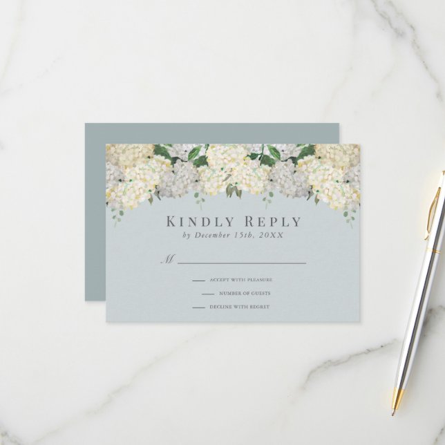Dusty Blue Hydrangea Wedding RSVP Card (Front/Back In Situ)