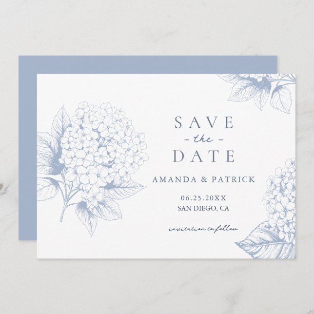 Dusty Blue Hydrangea Wedding Save the Date Card (Front/Back)