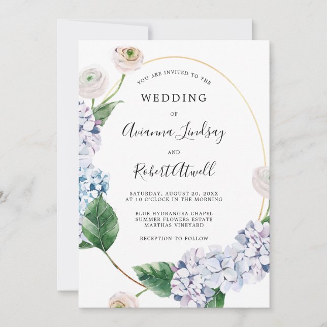 Dusty Blue Hydrangea White Rose Wedding Invitation (Front)