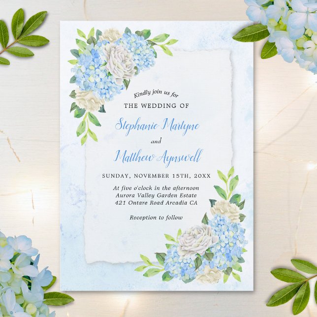Dusty Blue Hydrangea White Rose Wedding Invitation (Creator Uploaded)