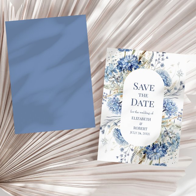 Dusty Blue Hydrangea Wildflower Save the Date Card (French Blue Garden Wildflowers Save The Dates Invitation on a sunny dry palm leaf.)