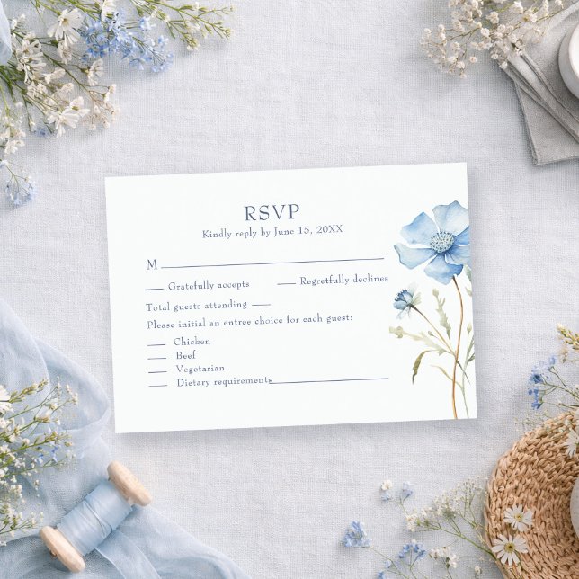 Dusty Blue Hydrangea Wildflower Wedding RSVP Card (Blue Wildflower Garden Wedding RSVP Card on a romantic table with tiny dusty blue wildflowers)