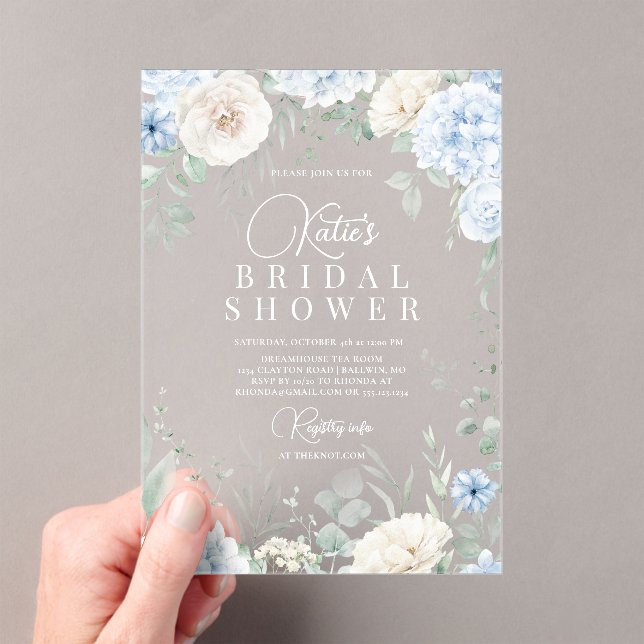 Dusty Blue Hydrangeas Bridal Shower Acrylic Invitations (Insitu (Handheld))