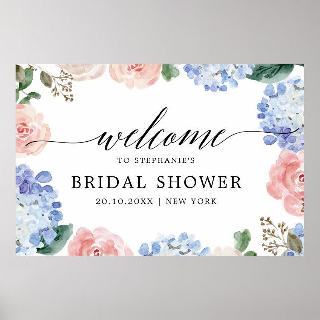Dusty blue hydrangeas pastel pink Bridal shower Poster (Front)