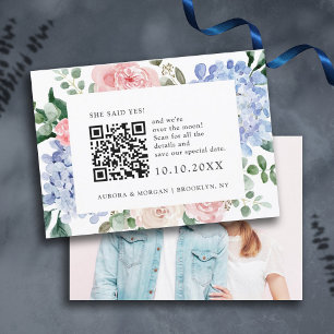 Dusty blue hydrangeas pastel pink Photo QR code    Save The Date