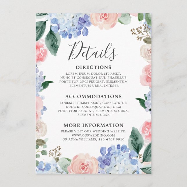 Dusty blue hydrangeas pastel pink roses wedding enclosure card (Front)