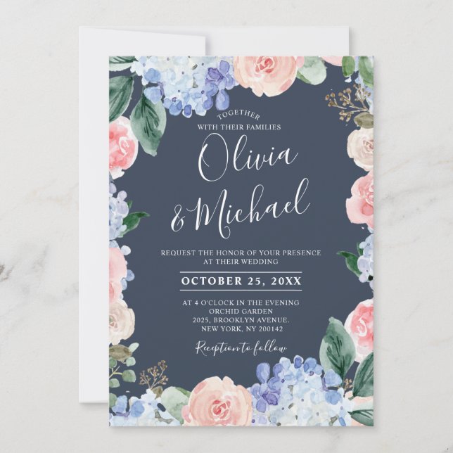 Dusty blue hydrangeas pastel pink roses wedding in invitation (Front)