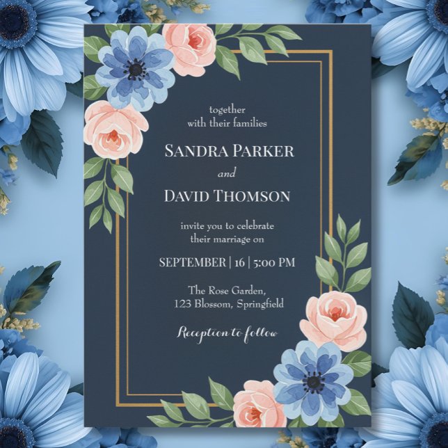 Dusty blue hydrangeas pastel pink roses wedding  invitation (Creator Uploaded)