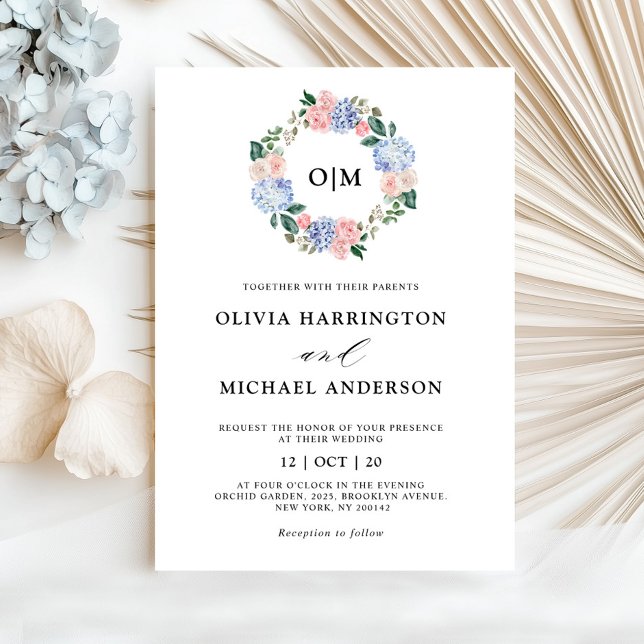 Dusty blue hydrangeas pastel pink roses wedding invitation (Dusty blue hydrangeas pastel pink roses wedding in invitation)