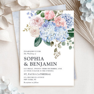 Dusty blue hydrangeas pastel pink roses wedding invitation