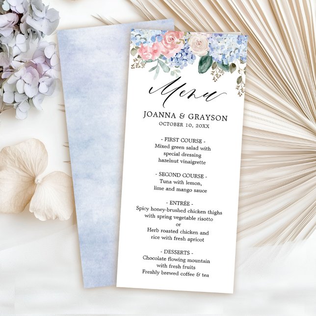 Dusty blue hydrangeas pastel pink roses wedding menu (Dusty blue hydrangeas pastel pink roses wedding menu)