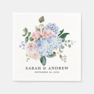 Dusty blue hydrangeas pastel pink roses wedding napkin