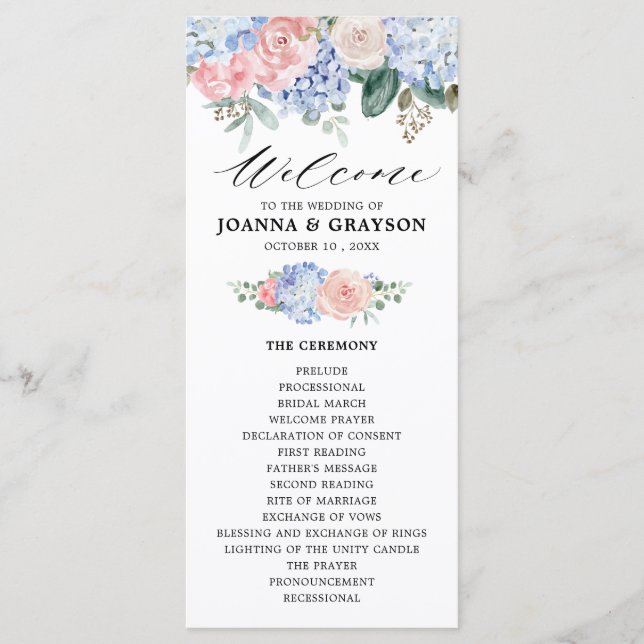 Dusty blue hydrangeas pastel pink roses wedding programme (Front)