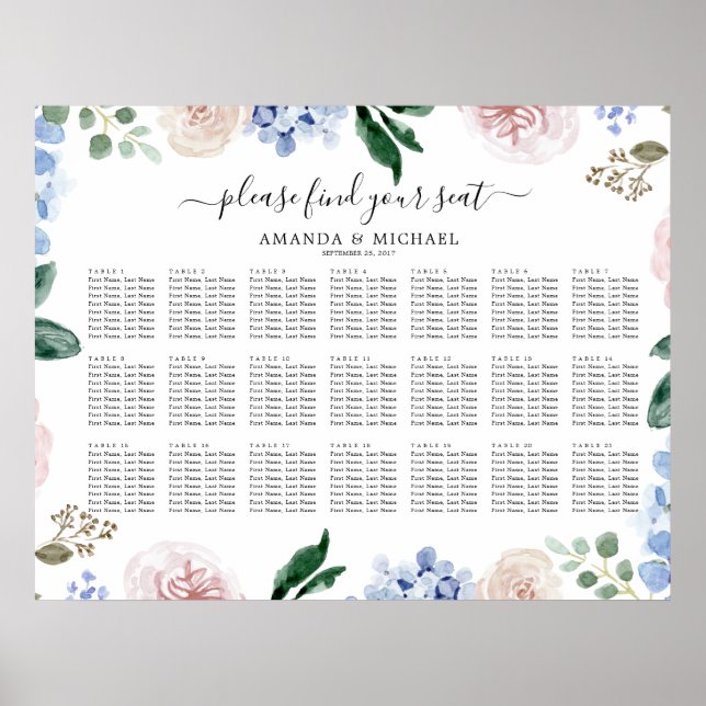 Dusty blue hydrangeas pastel pink Seating Chart (Front)