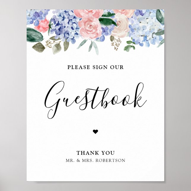 Dusty blue hydrangeas pink please sign guestbook (Front)