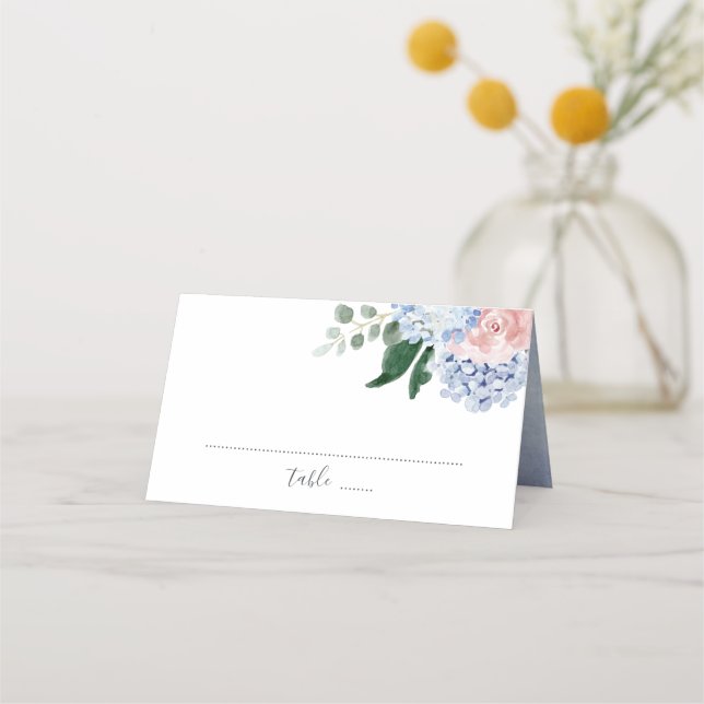 Dusty blue hydrangeas pink roses place card (Front)