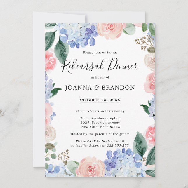 Dusty blue hydrangeas pink roses rehearsal dinner invitation (Front)