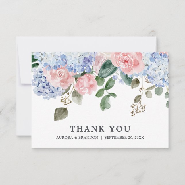 Dusty blue hydrangeas roses wedding anniversary thank you card (Front)